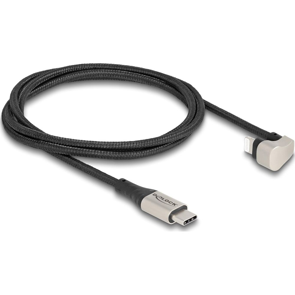 Cavo USB-C a Lightning nero con connettori angolati.