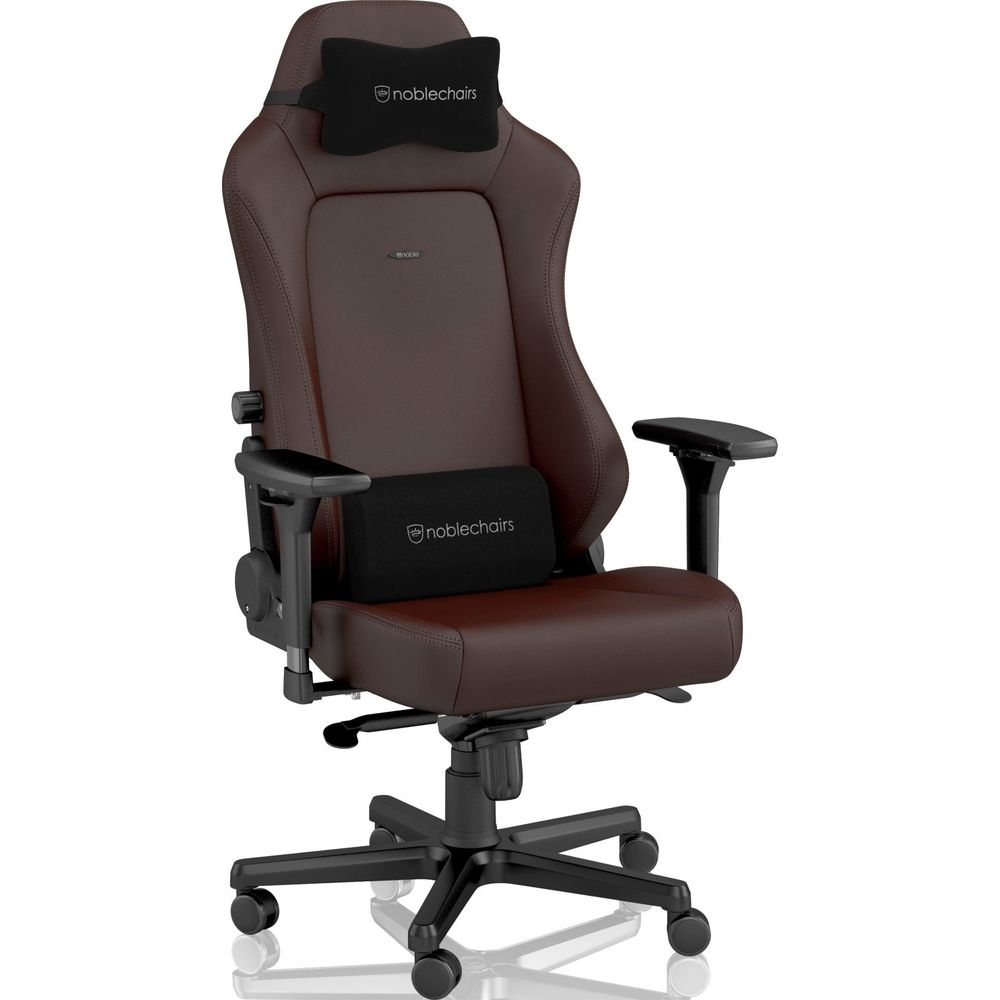 Ein brauner Gaming-Stuhl mit schwarzem Kopf- und Lendenkissen von noblechairs.