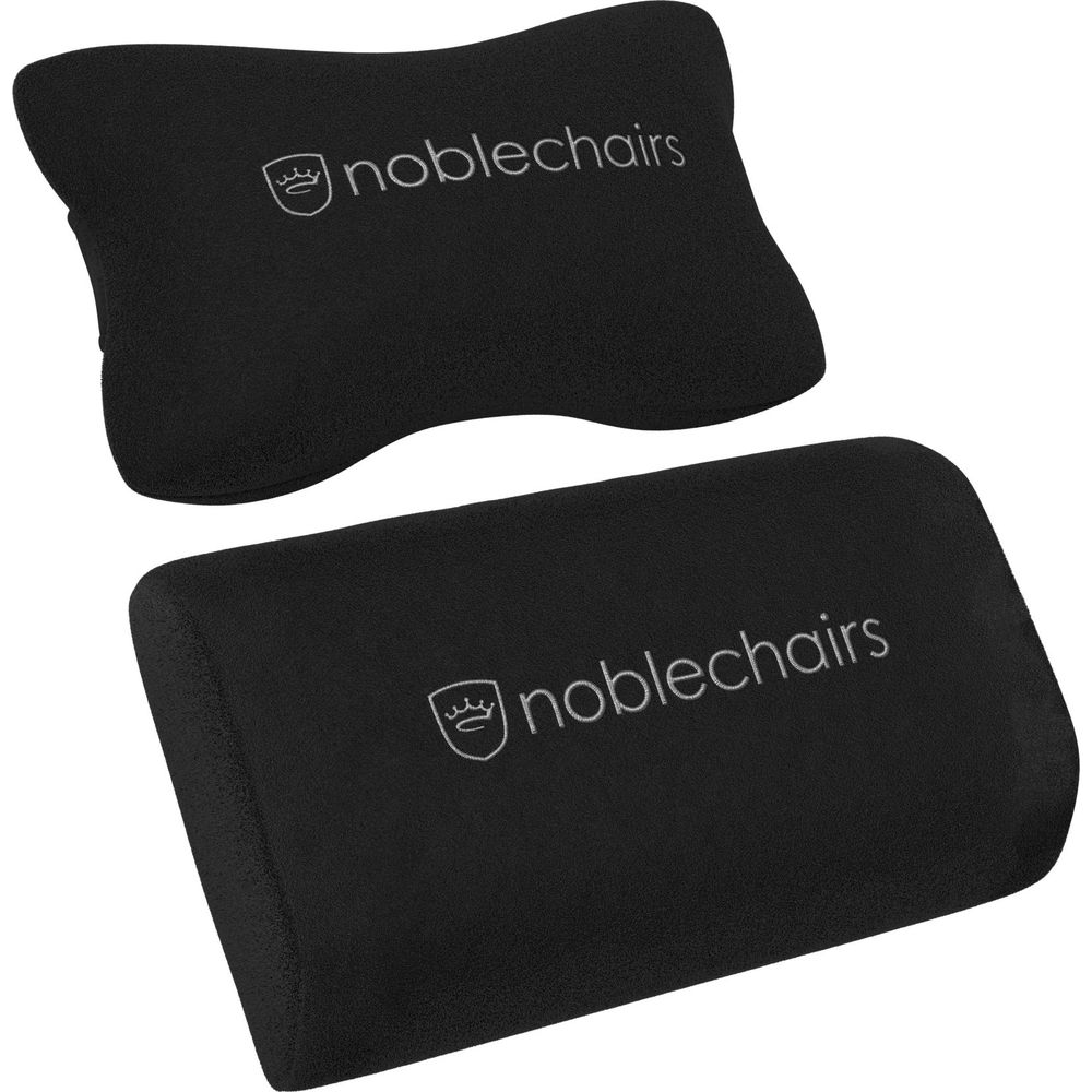 Zwei schwarze Kissen mit dem Noblechairs-Logo.