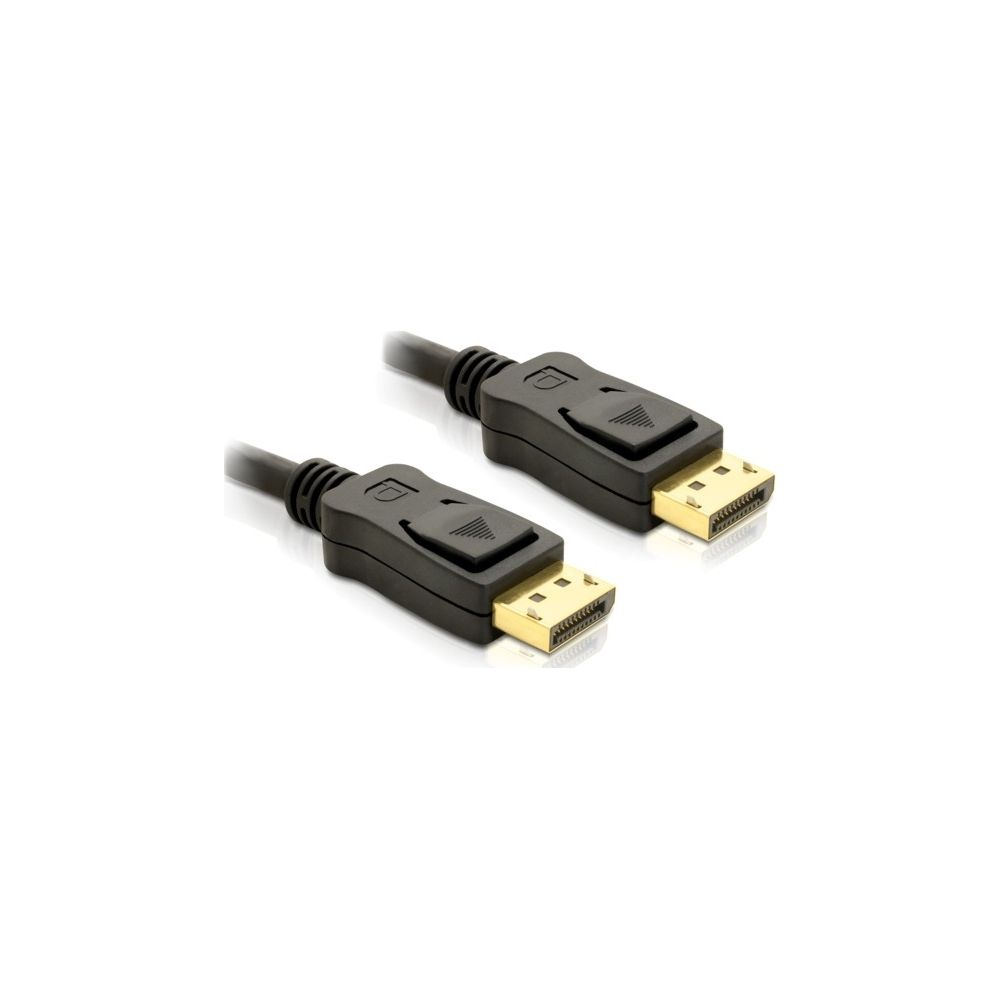 Twee zwarte DisplayPort-kabels met gouden connectoren op witte achtergrond.