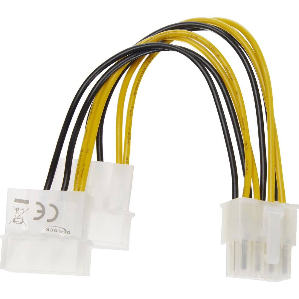 Een gele en zwarte kabeladapter met witte connectoren. Op een witte achtergrond.