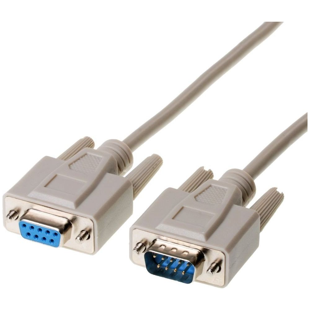 Dwa szare kable szeregowe ze złączami 9-pinowymi, izolowane na białym.