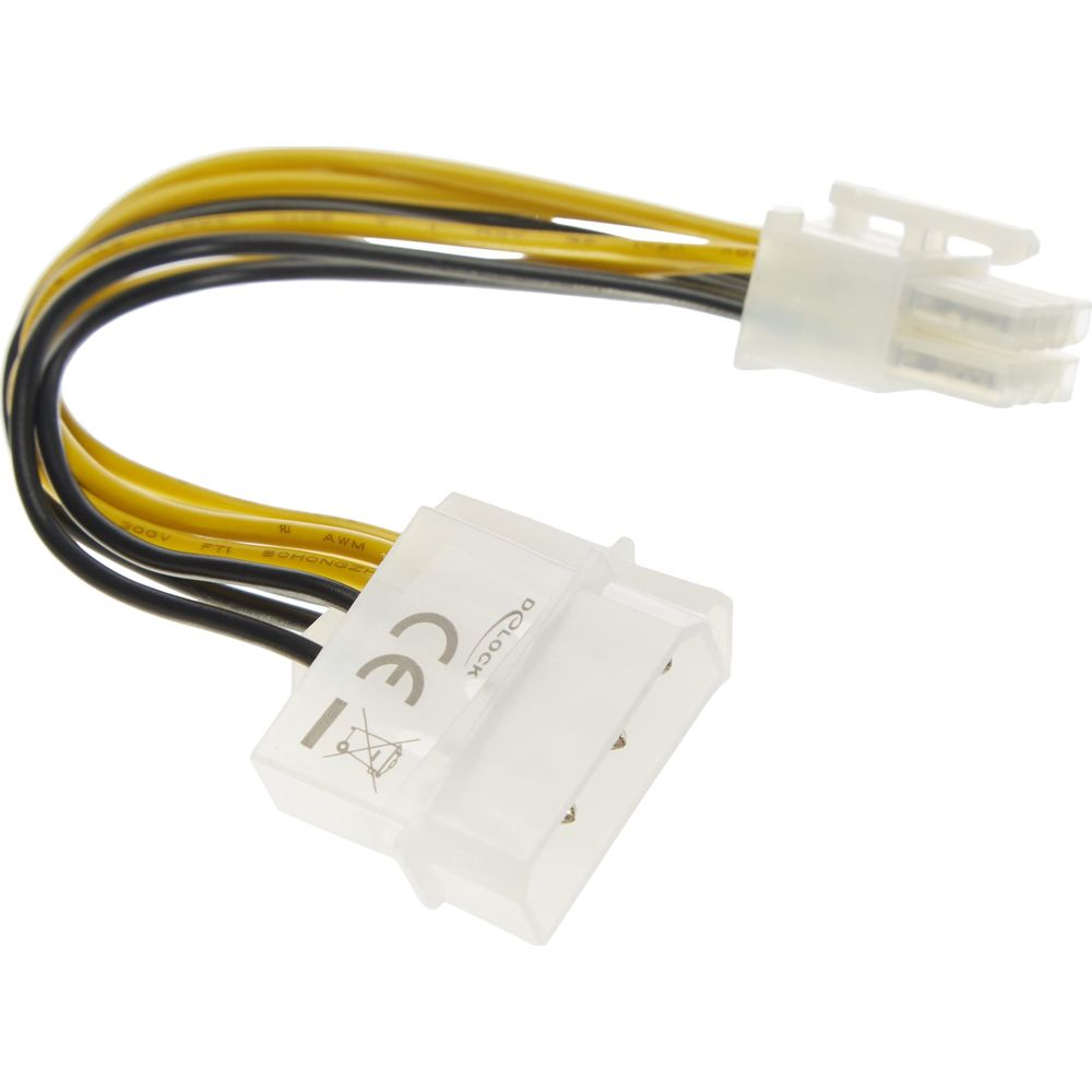 Een adapterkabel met gele en zwarte draden die twee witte connectoren verbindt.
