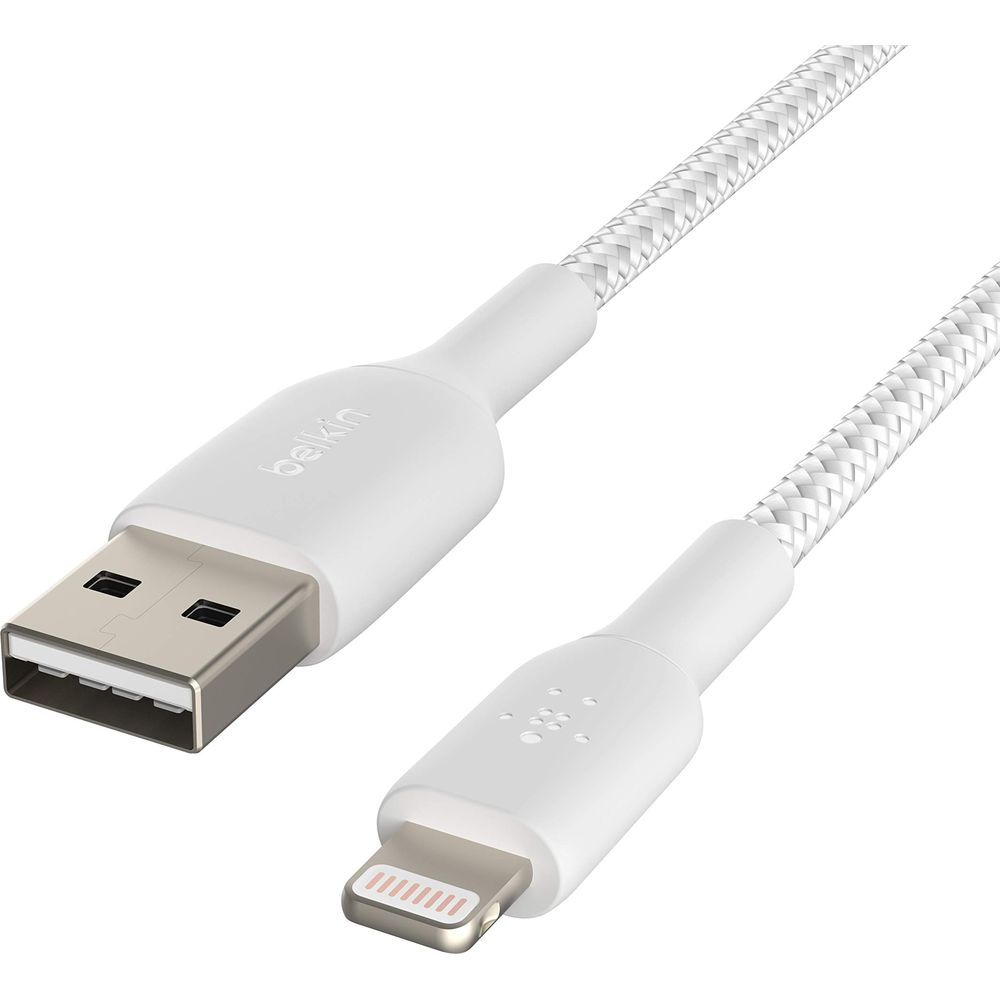 Un câble USB vers Lightning blanc avec un cordon tressé.