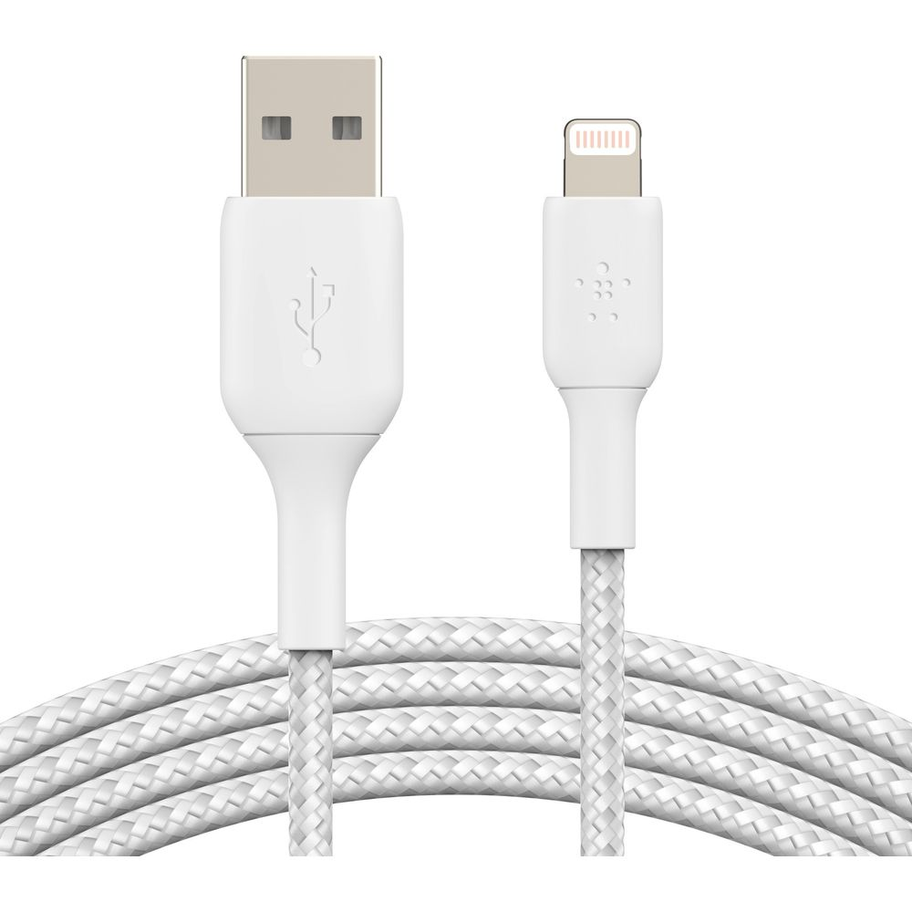 Un câble USB-A vers Lightning blanc avec tissu tressé.