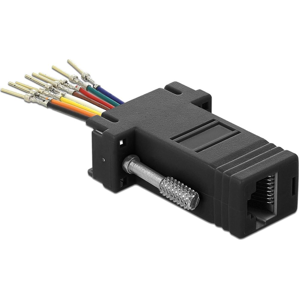 Adattatore RJ45 nero con fili colorati che sporgono da un'estremità.