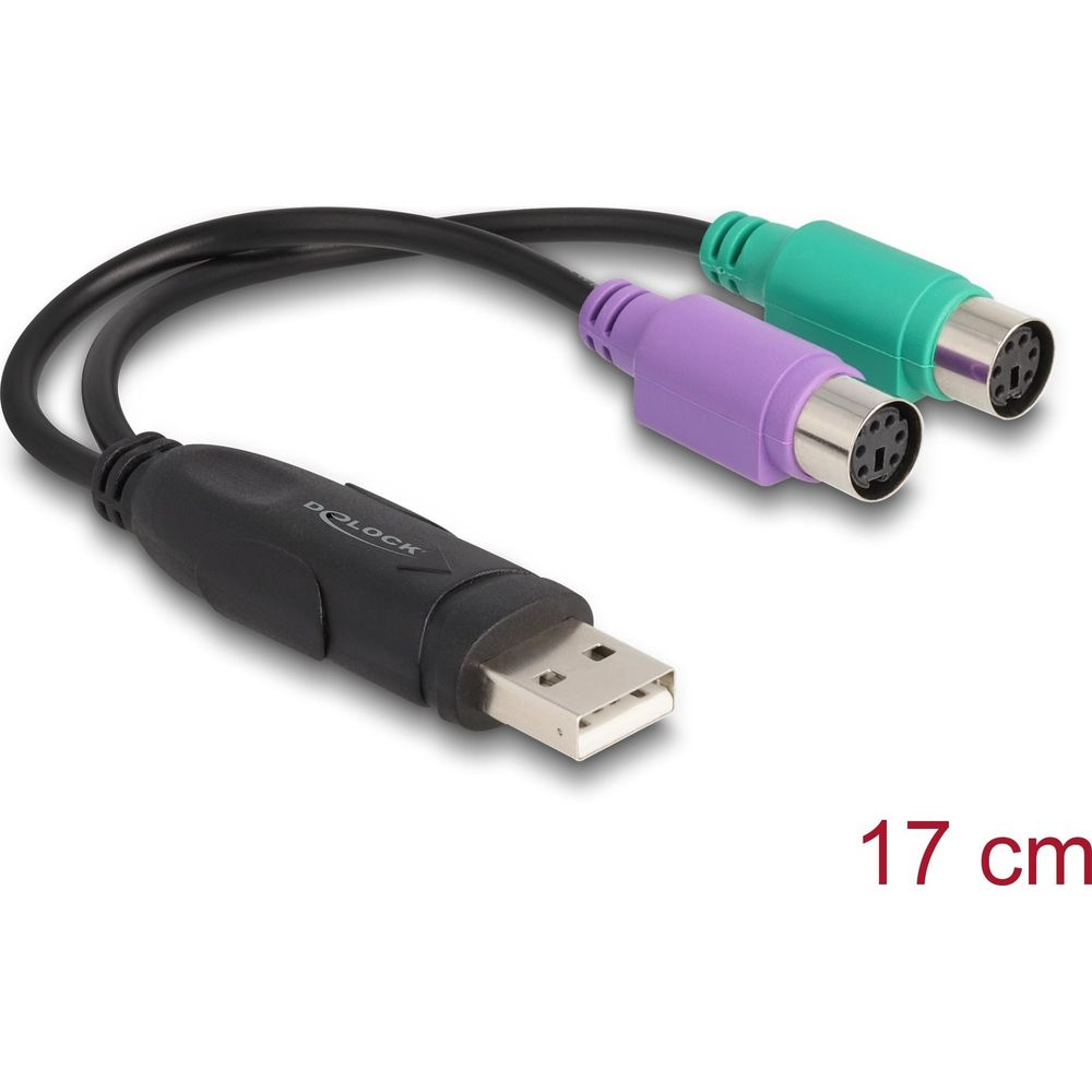 Czarny kabel adapter USB do PS/2, fioletowy i zielony, z oznaczeniem 17 cm.