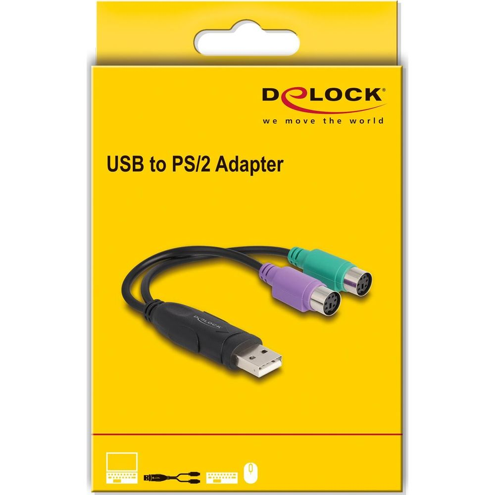 Adapter USB na PS/2 z czarnym kablem, fioletowym i zielonym złączem.