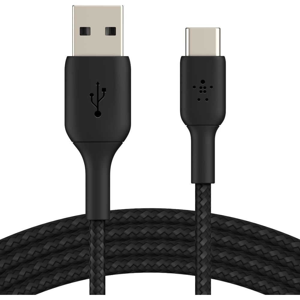 Zwarte USB-A naar USB-C kabel met gevlochten mantel en zilveren connectoren.