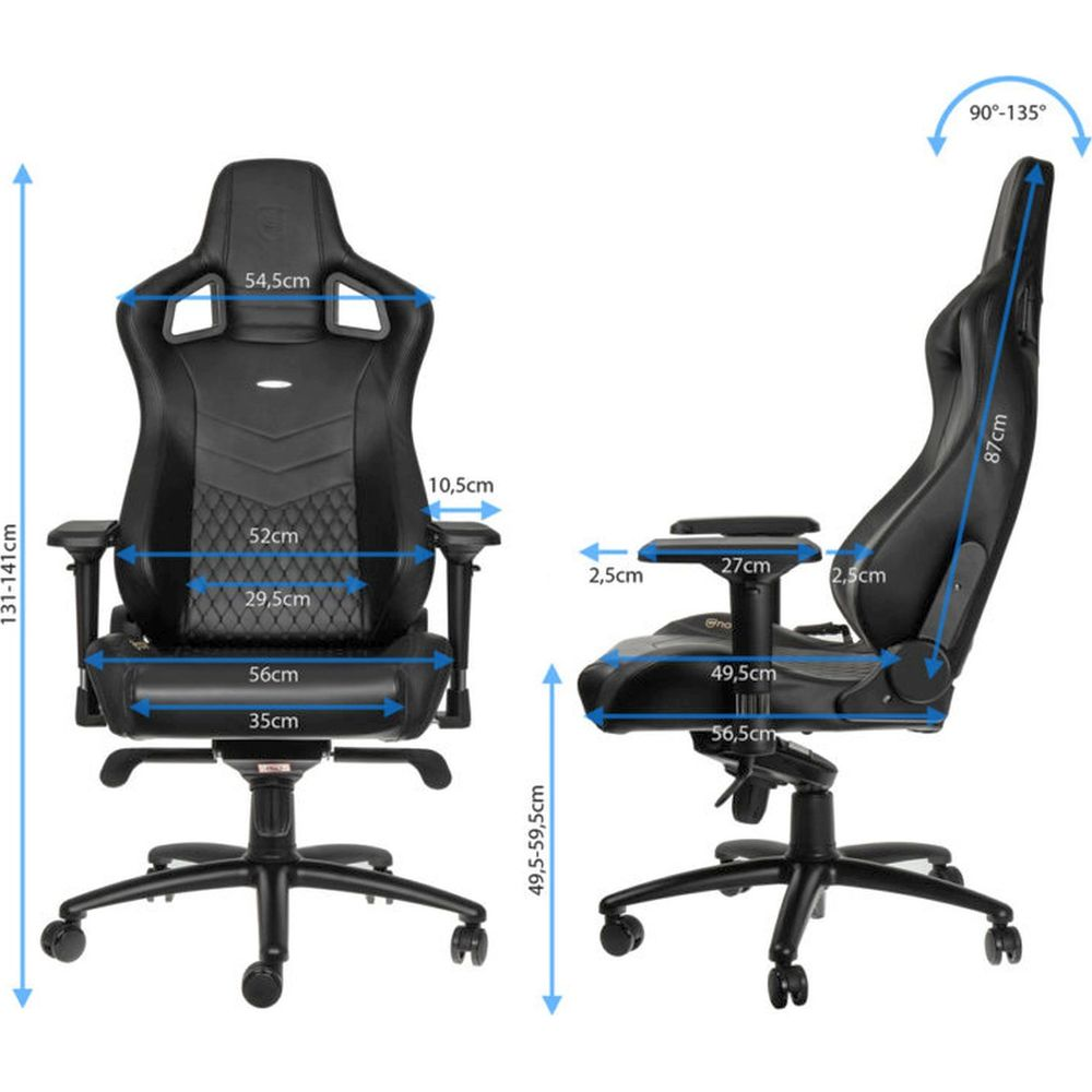Schwarzer Gaming-Stuhl mit Maßen. Vorder- und Seitenansicht.