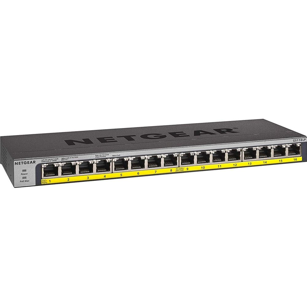 Czarny switch Netgear GS116LP z 16 portami i diodami LED.