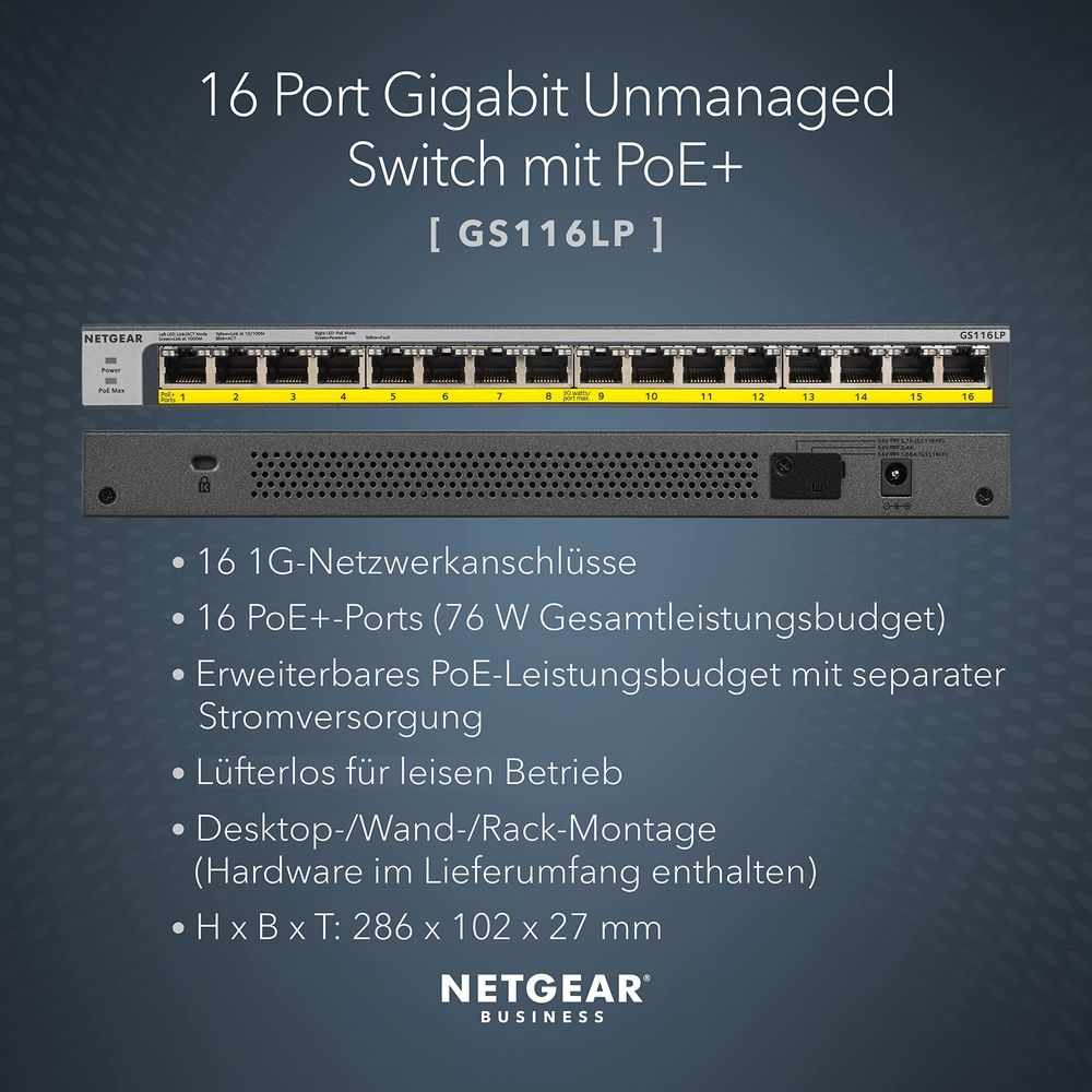16-portowy przełącznik Netgear Gigabit z PoE+ pokazujący etykiety i porty.