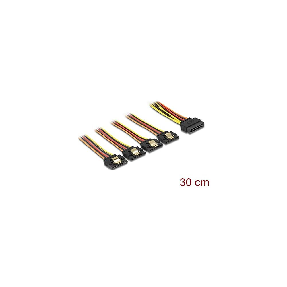 Cztery kable zasilające SATA z czarnymi złączami i kolorowymi przewodami.