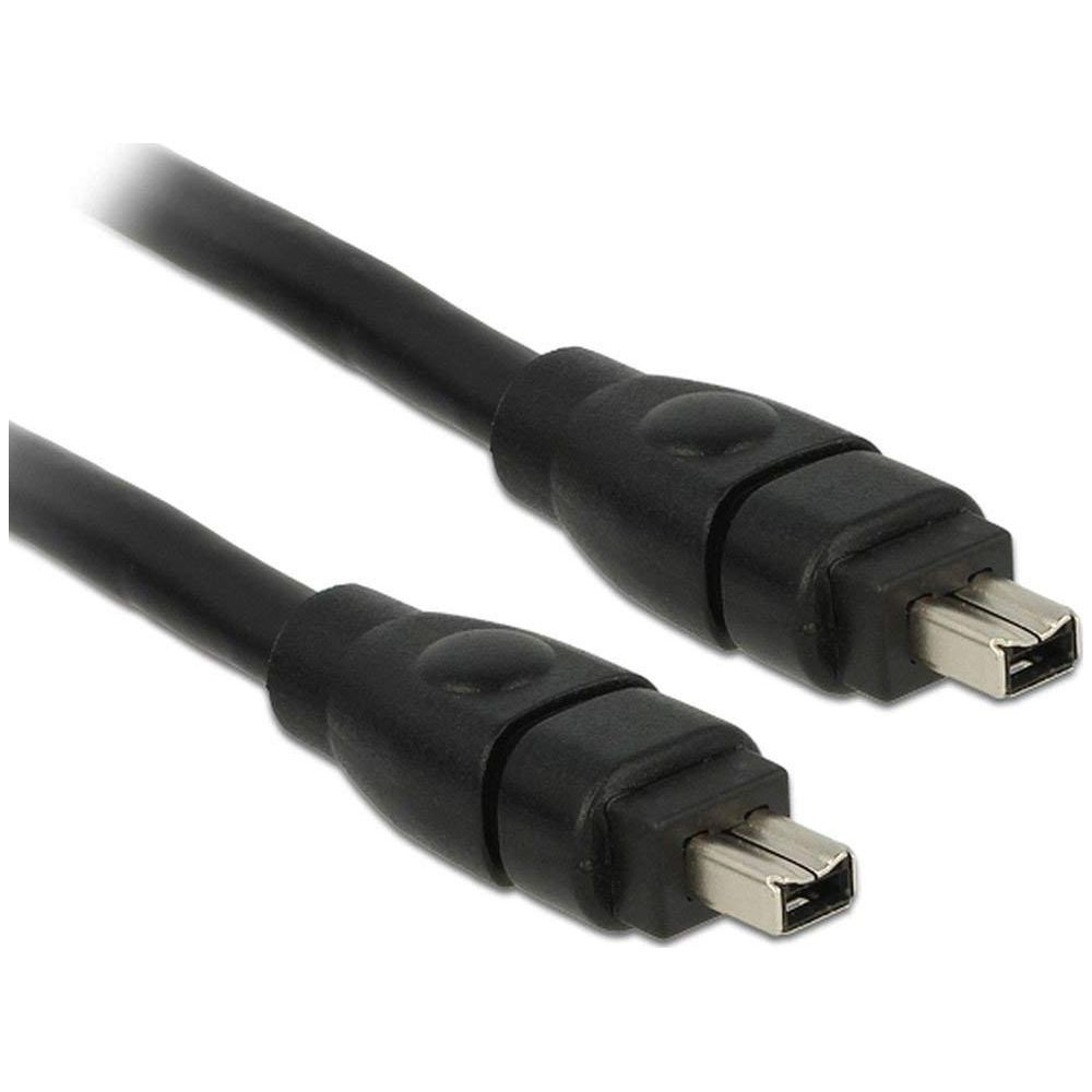 Due cavi FireWire neri con connettori metallici su sfondo bianco.