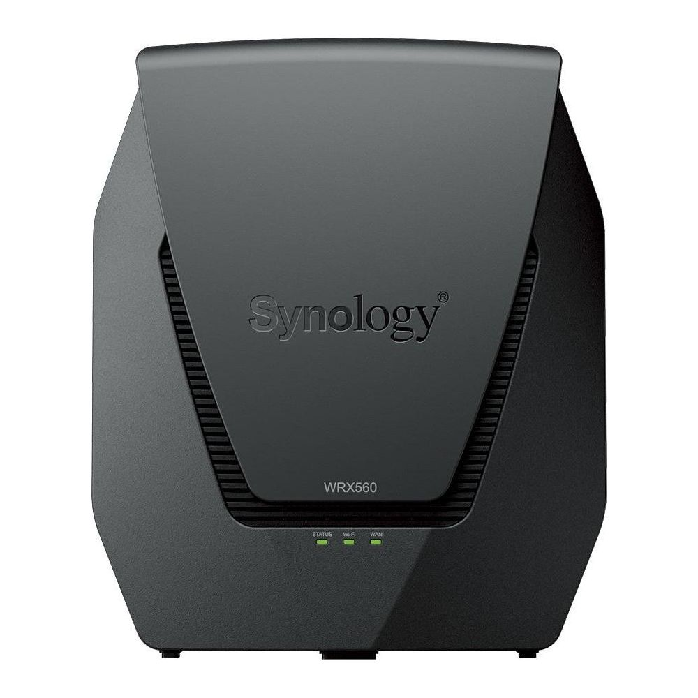 Czarny router Synology WRX560 ze wskaźnikami stanu, Wi-Fi i WAN.
