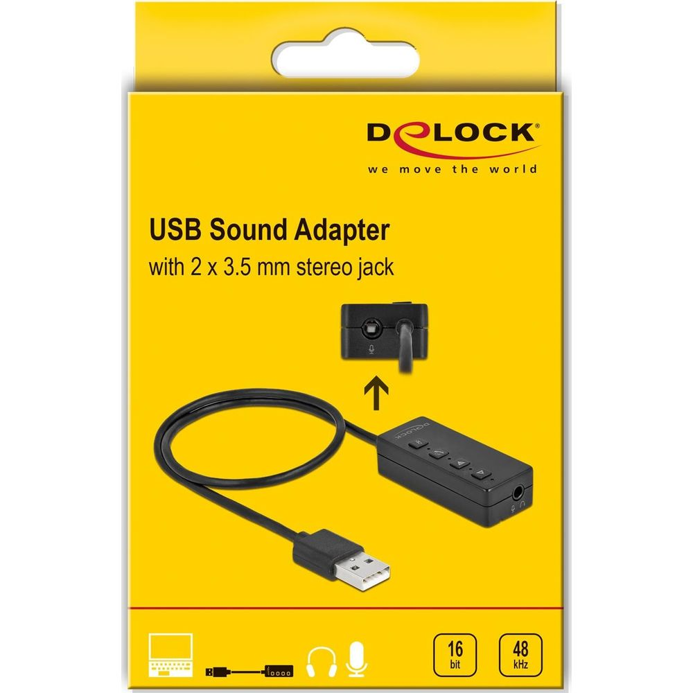 Confezione di un adattatore audio USB nero con cavo e porte jack.
