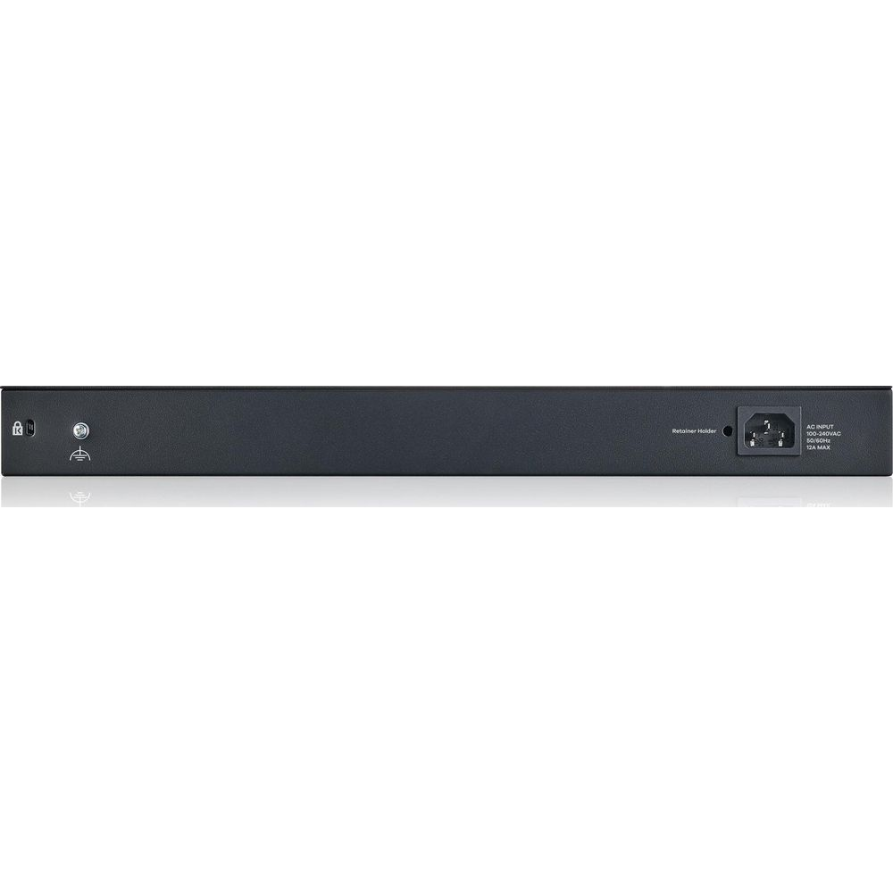 Schwarzer Netzwerk-Switch mit Netzanschluss und Status-LEDs.