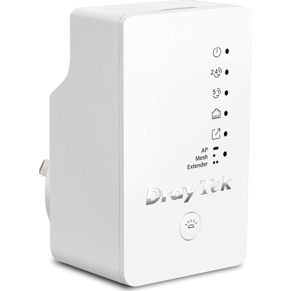 Ein weißer DrayTek WLAN-Repeater mit Anzeigeleuchten und dem Logo.