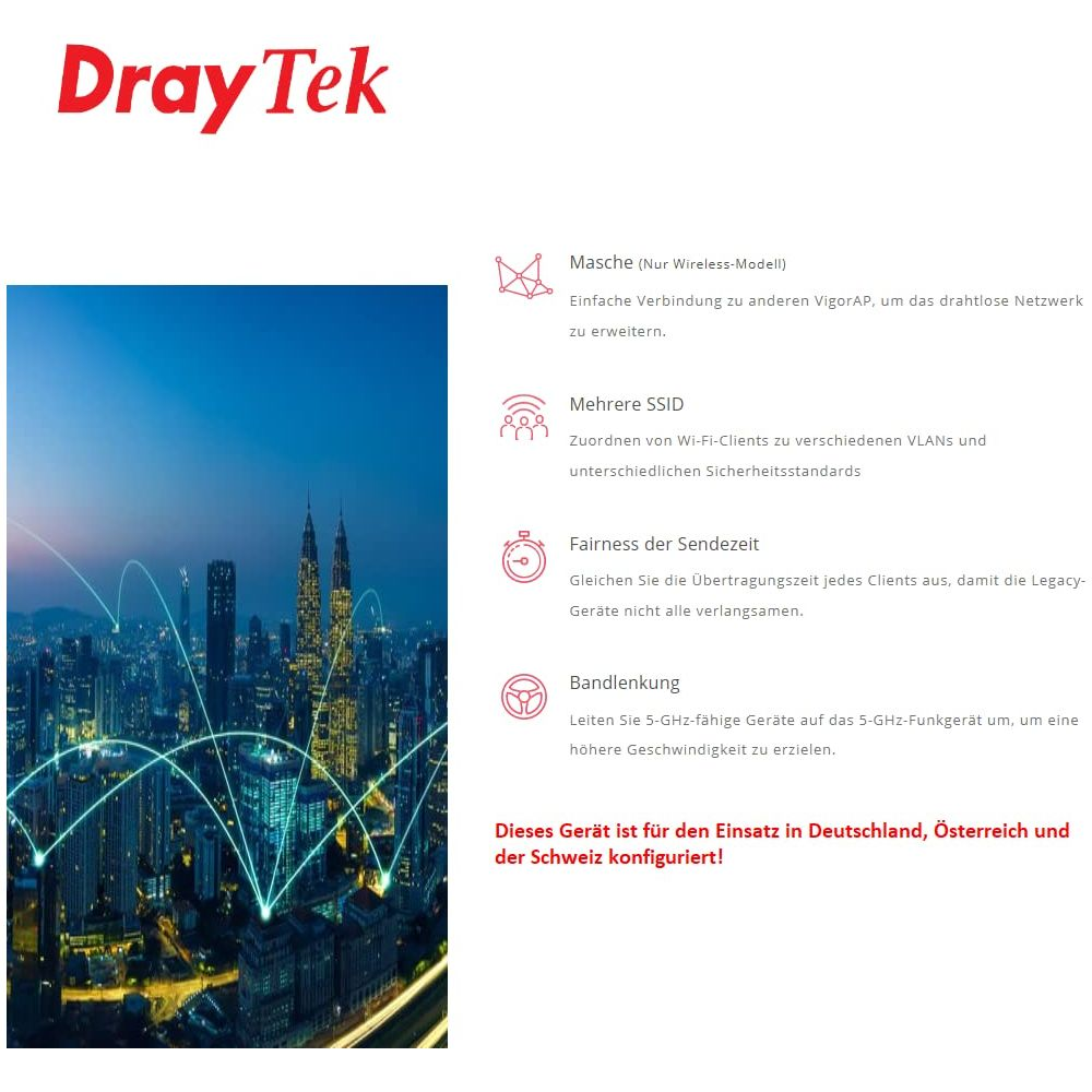 DrayTek: Stadtbild mit Netzwerkgrafik, links der Schriftzug. Rechts Features.