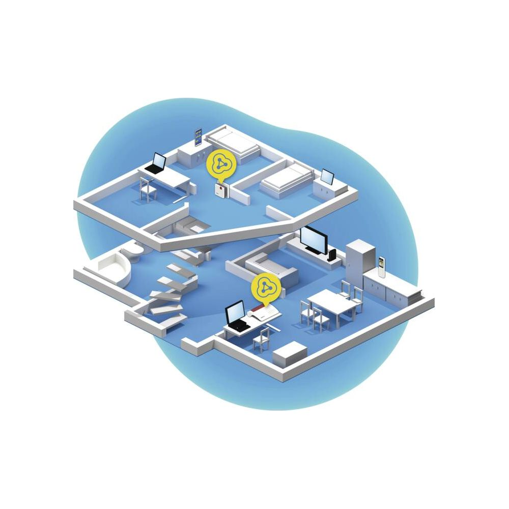 Grundriss eines zweistöckigen Hauses mit Möbeln, Laptops und WLAN-Symbolen.