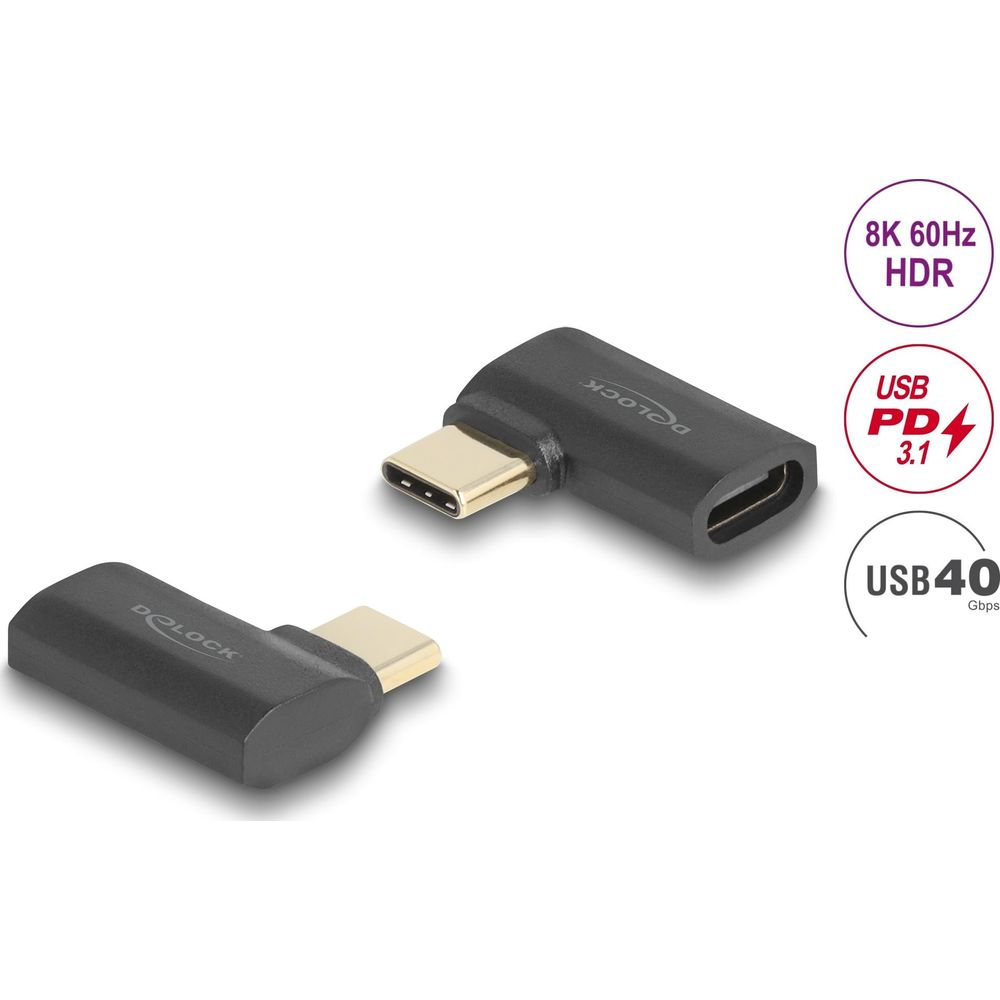 Due adattatori USB-C neri con connettori dorati. Uno è angolato. 8K HDR, USB PD 3.1.