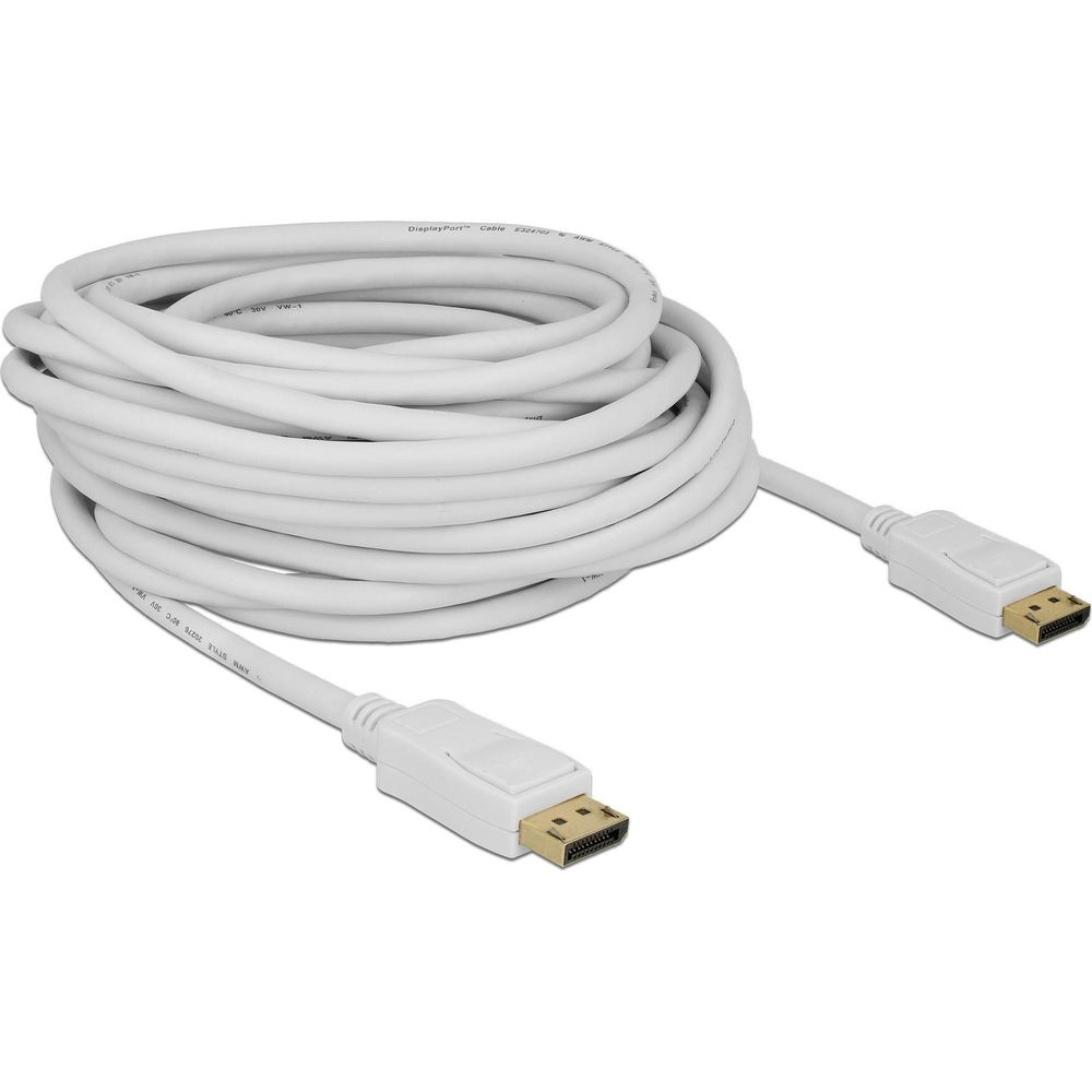 Un cavo DisplayPort bianco con due connettori, arrotolato su sfondo bianco.