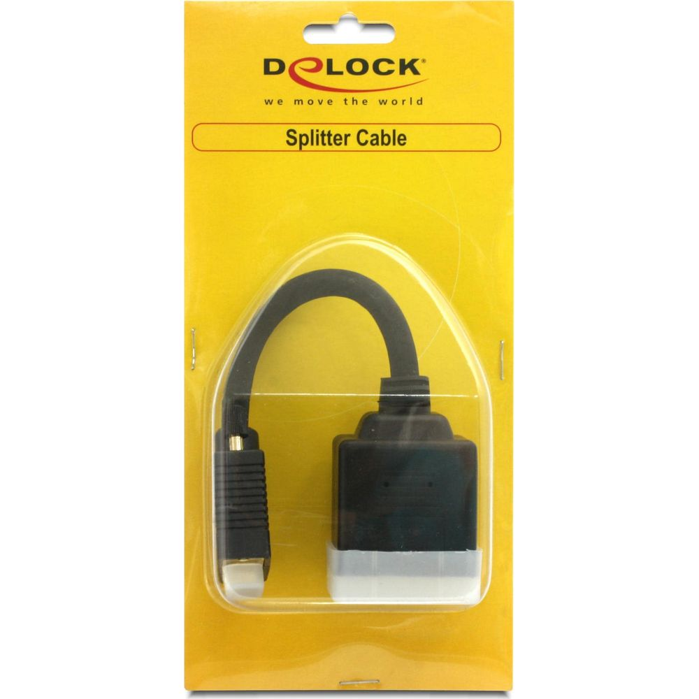 Ein Delock Splitterkabel in gelber Verpackung mit schwarzem Kabel.