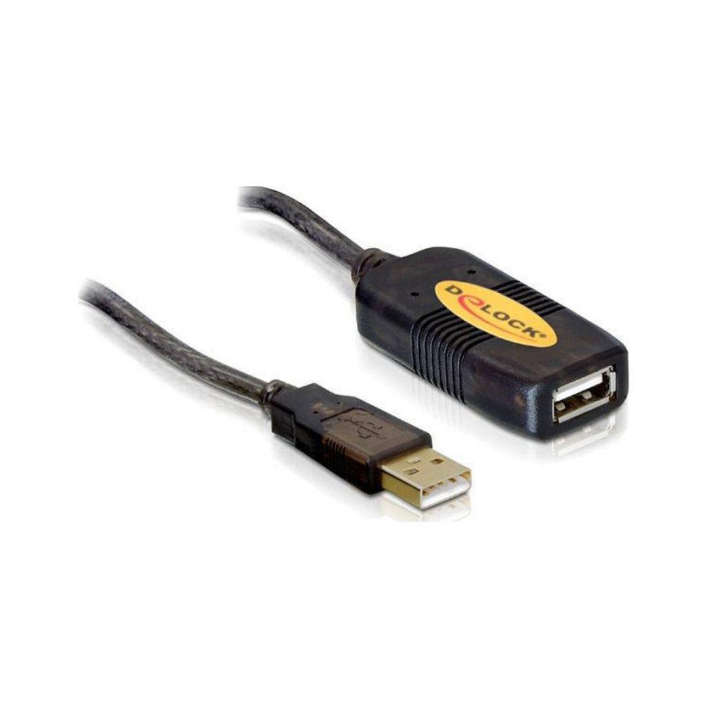 Een zwarte USB-verlengkabel met mannelijke stekker en vrouwelijke poort.