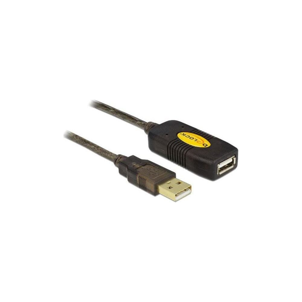 Een zwarte USB-kabel met mannelijke en vrouwelijke uiteinden, met geel logo.