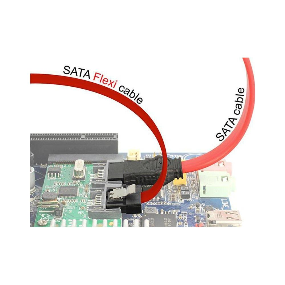 Un cavo SATA Flexi rosso è collegato a una scheda madre del computer.