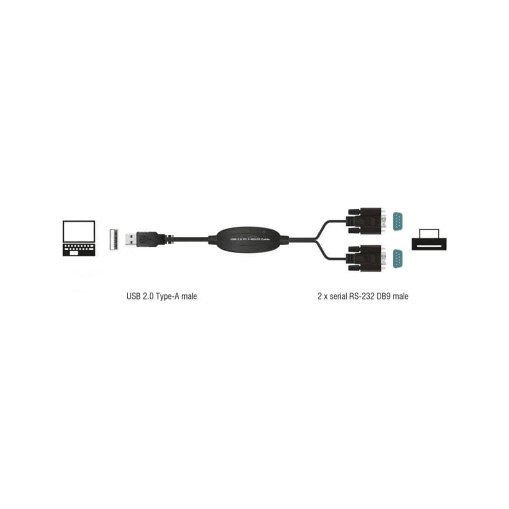 Cavo adattatore da USB a 2x RS-232 con laptop e 2 connettori DB9.