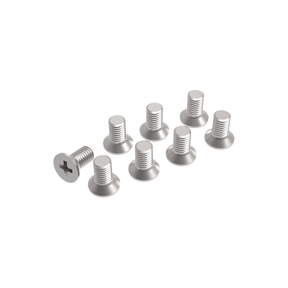 Osiem srebrnych śrub na białym tle.