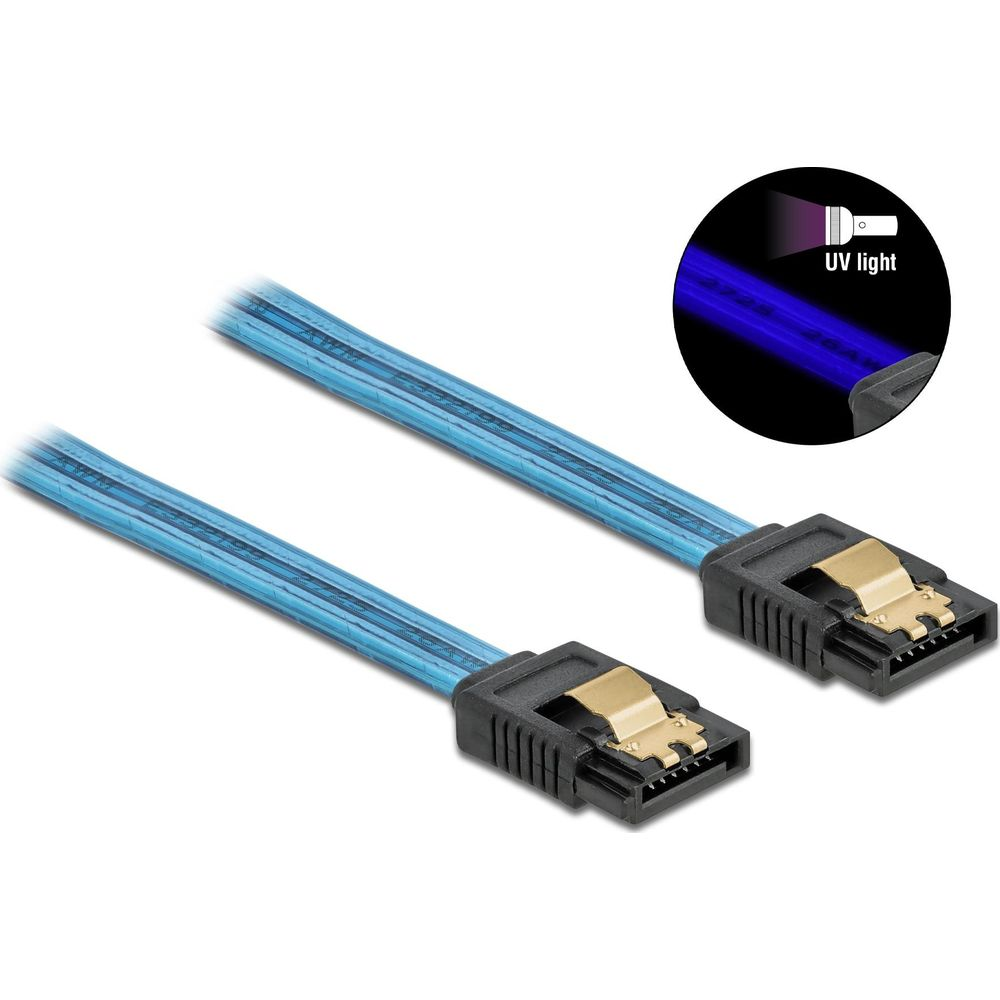 Due cavi SATA blu con connettori neri e clip dorate. Luce UV su uno.