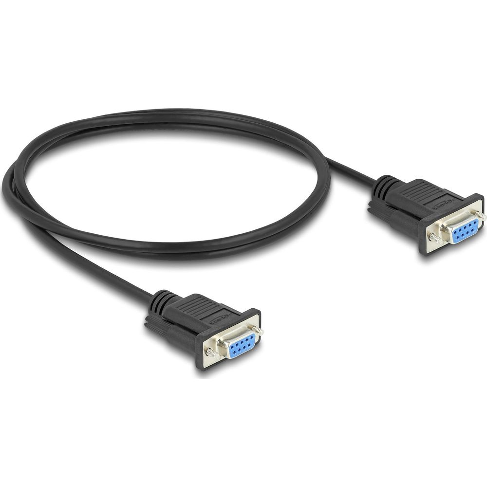Un cavo seriale nero con due connettori a 9 pin su sfondo bianco.