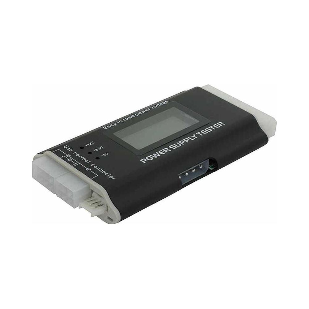 Tester di alimentazione nero con display digitale e porte. Legge +12V, +3,3V e +5V.