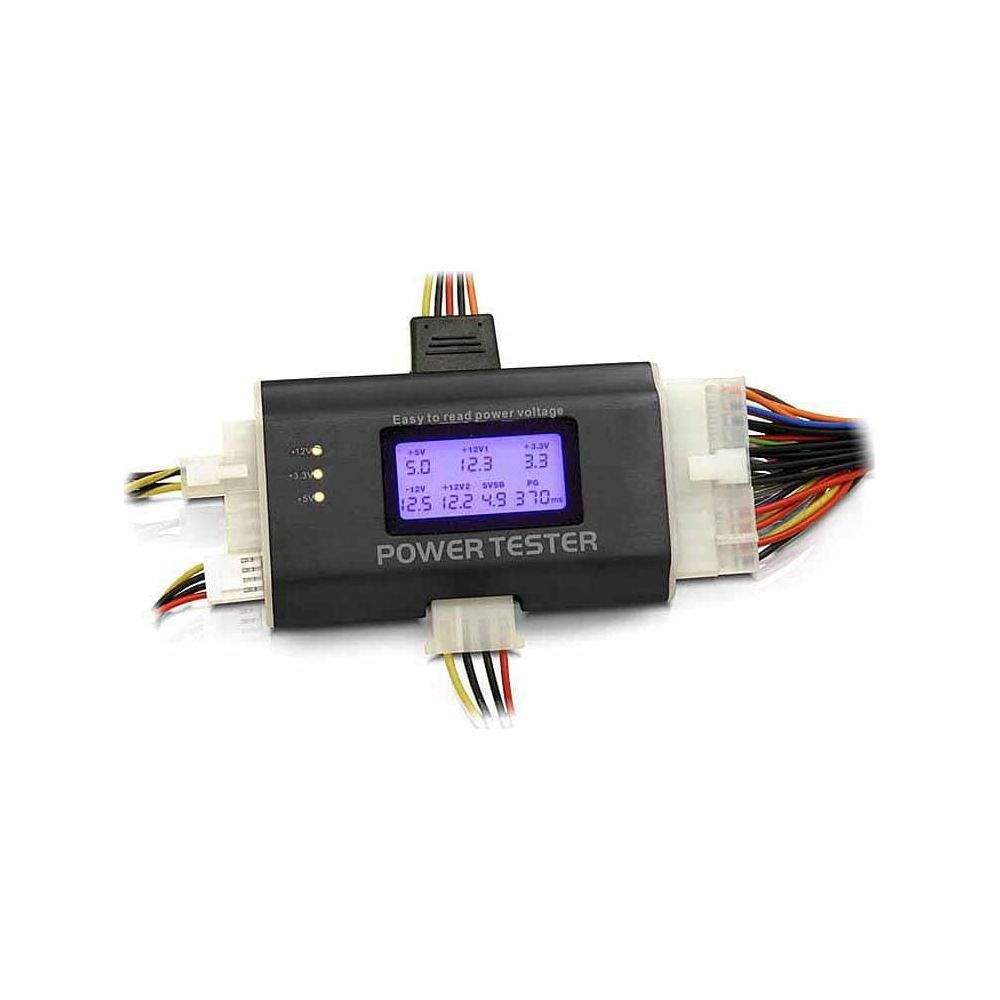 Un tester di alimentazione nero con schermo LCD e molti cavi.