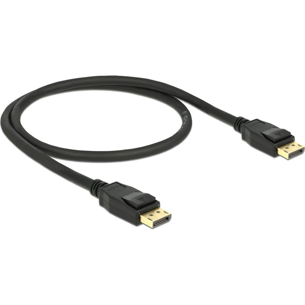 Czarny kabel DisplayPort ze złotymi złączami na białym tle.