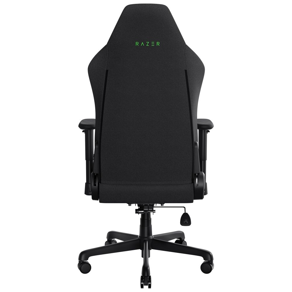 Razer logolu siyah oyuncu koltuğu, arkadan görünüm.