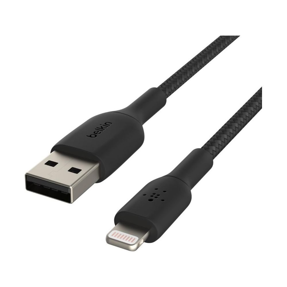 Câble Belkin noir de USB-A à Lightning avec cordon tressé.