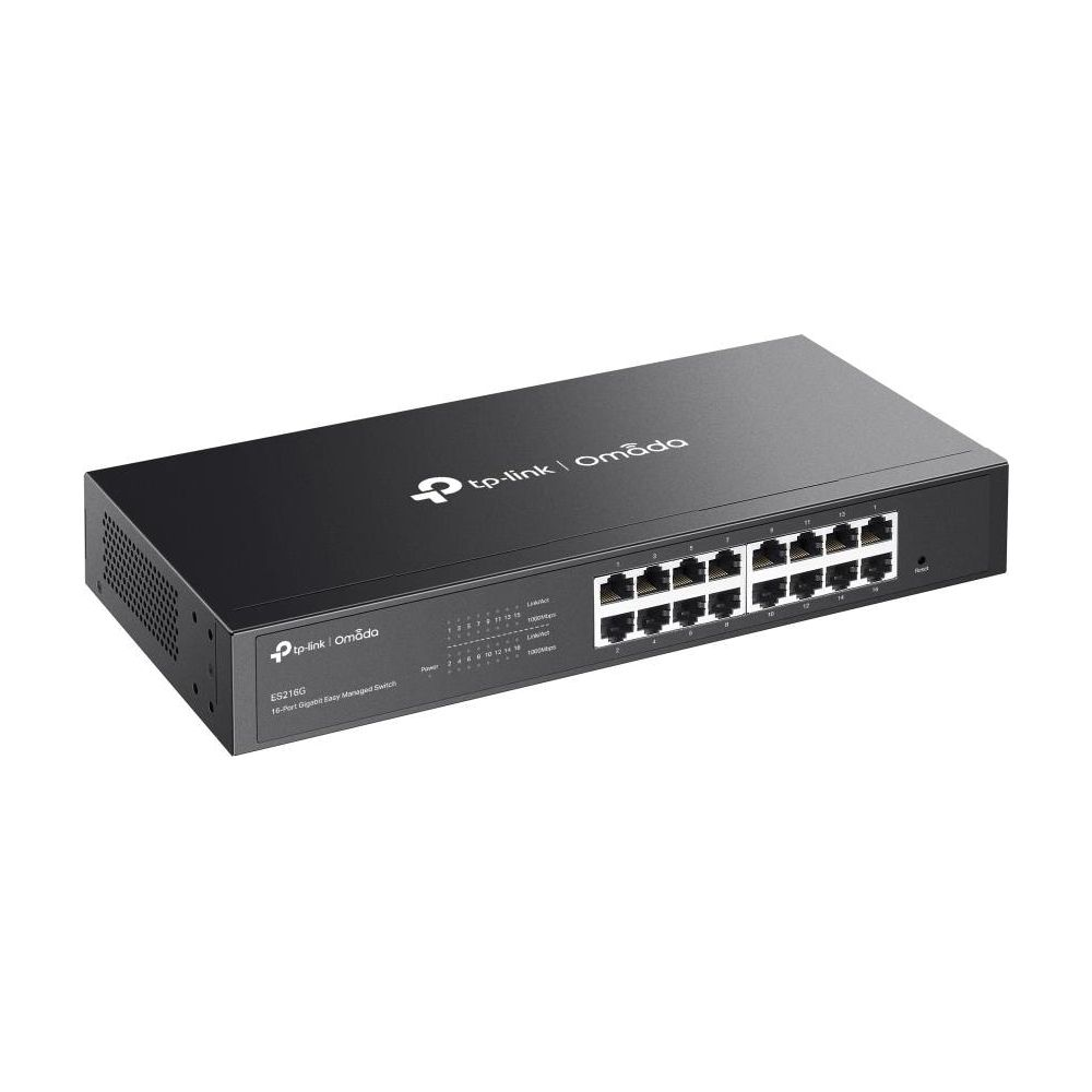 Czarny TP-Link Omada 16-portowy Gigabitowy Easy Managed Switch ze wskaźnikami LED.