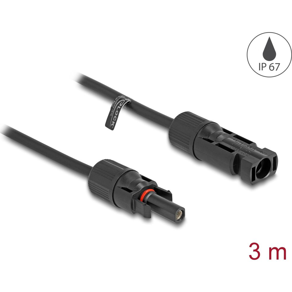 Cavo solare nero con due connettori MC4, lunghezza 3m, IP67.