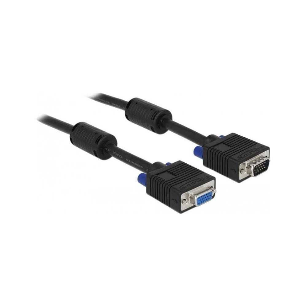 Dwa czarne kable VGA z niebieskimi złączami na białym tle.