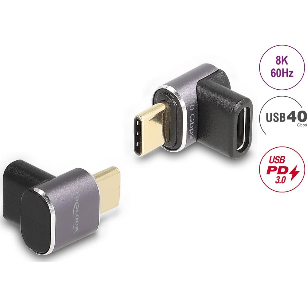 Due adattatori USB-C angolati, uno mostra 10 Gbps. Icone: 8K 60Hz, USB4 40Gbps, PD 3.0.
