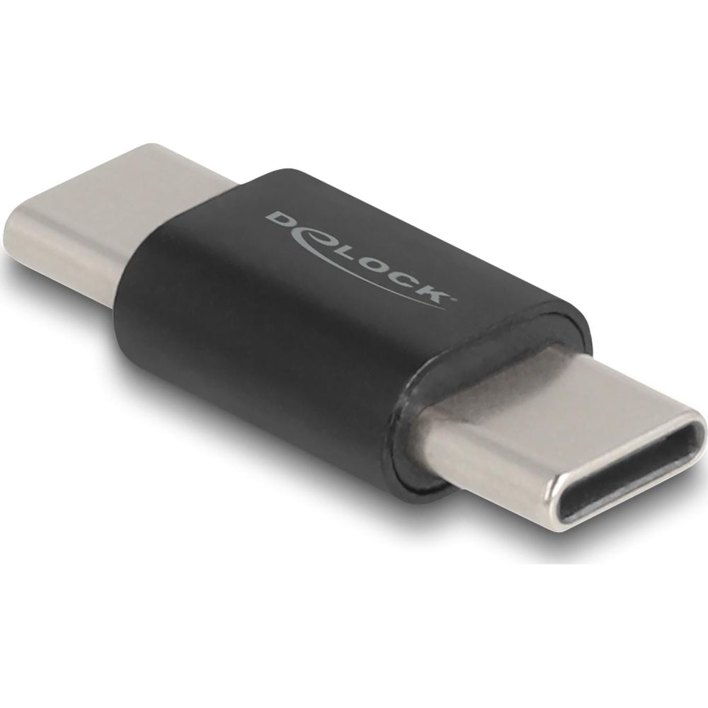 Un adattatore USB-C Delock nero con due connettori maschio.