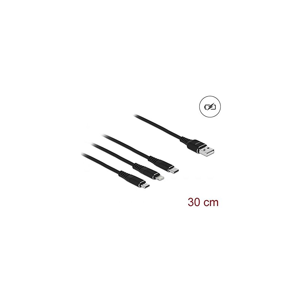 Tres cables negros con conectores USB-A, USB-C y Lightning.