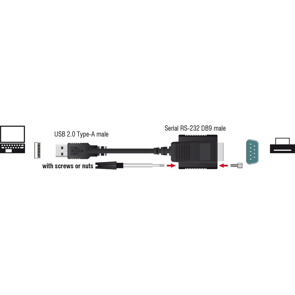 Diagramma mostra adattatore USB-A a seriale con laptop e stampante.