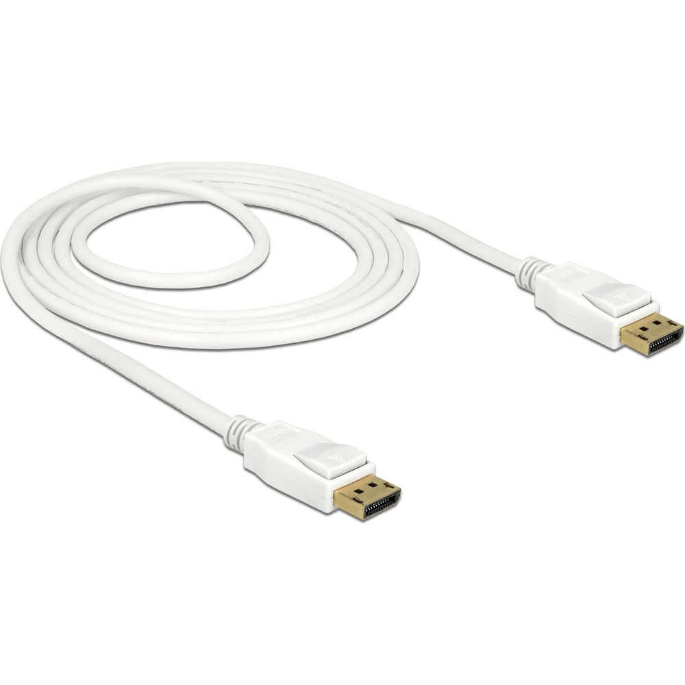 Biały kabel DisplayPort ze złotymi złączami, na białym tle.