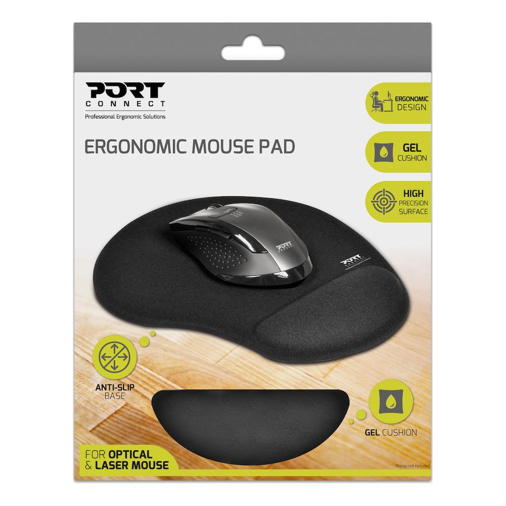 Tapis de souris ergonomique avec coussin gel et souris grise.