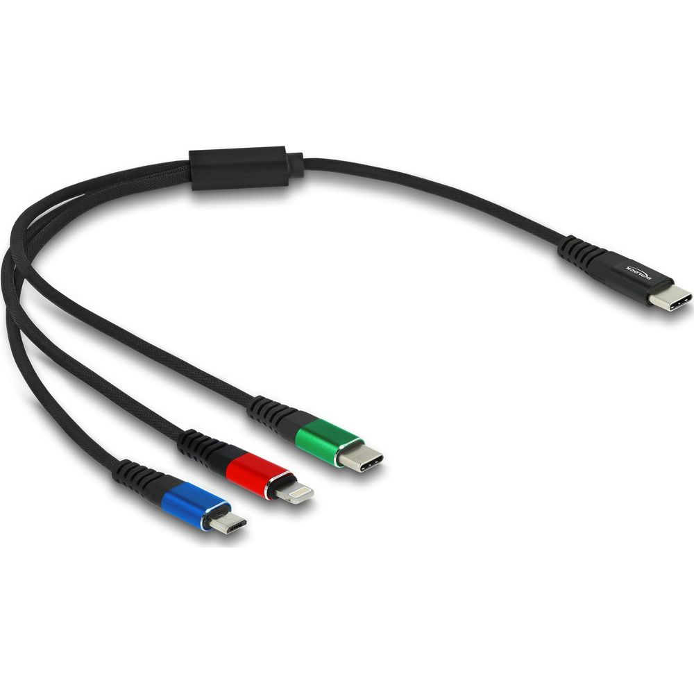 Cavo nero con tre connettori: blu, rosso e verde. Una spina USB-C.