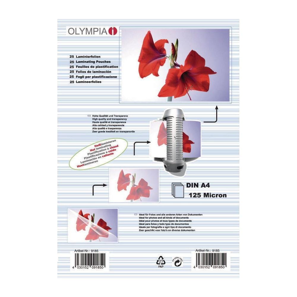 Olympia Feuilles de plastification : Deux fleurs rouges, une plastifieuse et du texte.